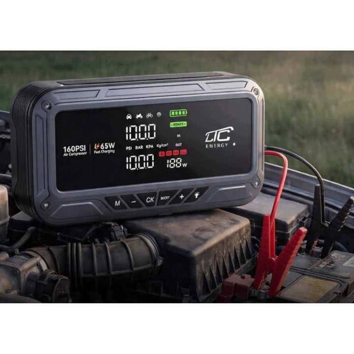 LTC Jump Starter, 12.000 mAh, s kompresorom, baterijskom lampom i power bankom, LCD zaslon, izlazna snaga 65 W, kablovi i torbica za nošenje uključeni, LXJS120