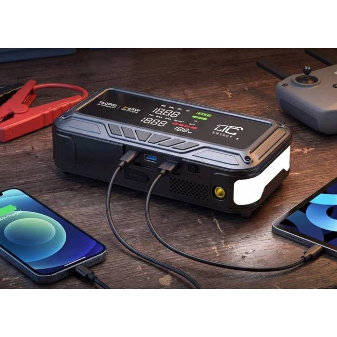 LTC Jump Starter, 12.000 mAh, s kompresorom, baterijskom lampom i power bankom, LCD zaslon, izlazna snaga 65 W, kablovi i torbica za nošenje uključeni, LXJS120