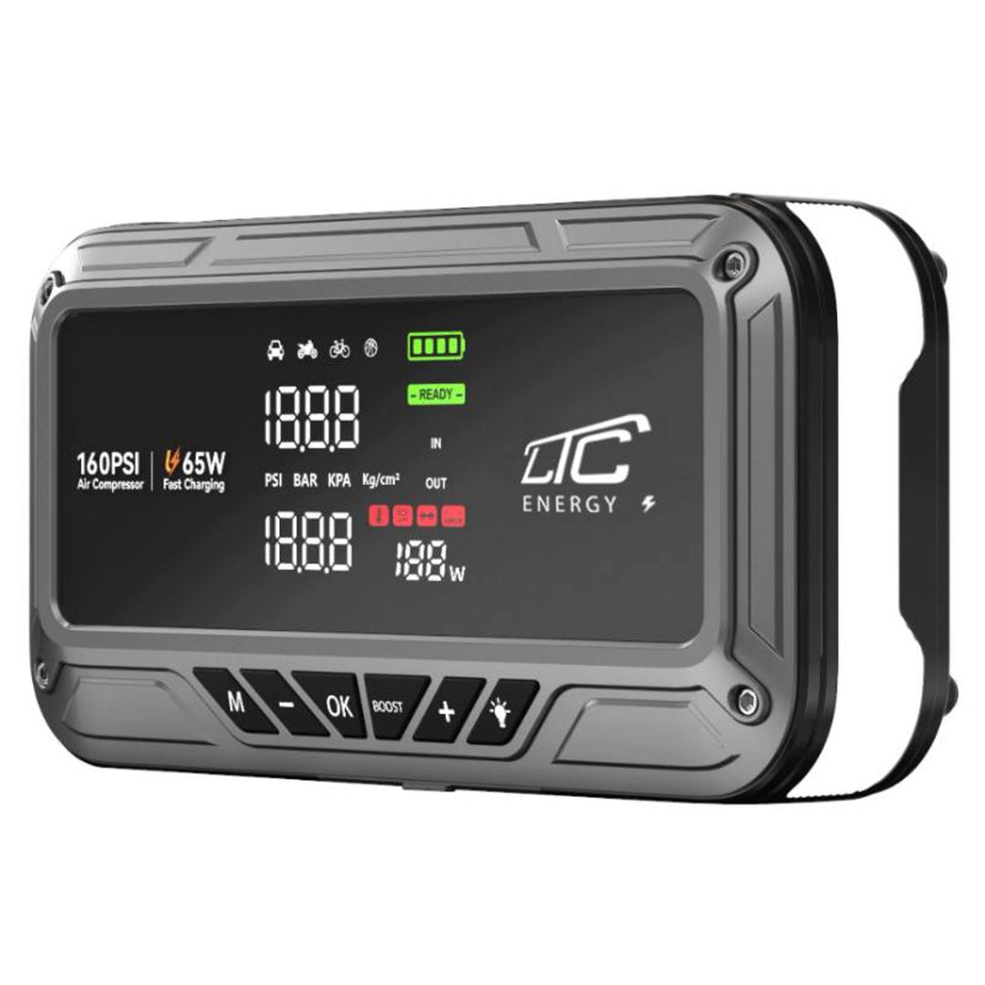 LTC Jump Starter, 12.000 mAh, s kompresorom, baterijskom lampom i power bankom, LCD zaslon, izlazna snaga 65 W, kablovi i torbica za nošenje uključeni, LXJS120