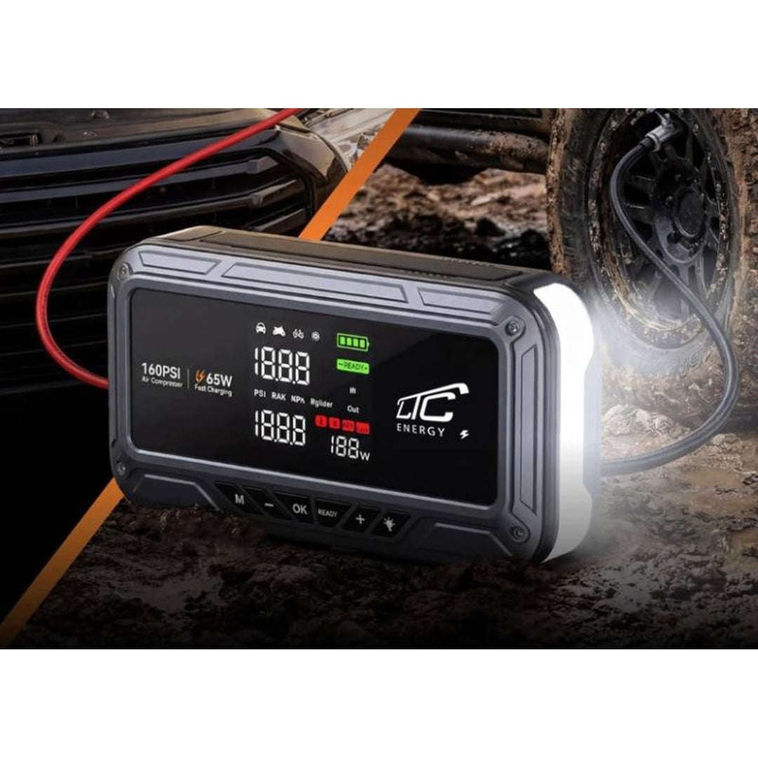 LTC Jump Starter, 12.000 mAh, s kompresorom, baterijskom lampom i power bankom, LCD zaslon, izlazna snaga 65 W, kablovi i torbica za nošenje uključeni, LXJS120
