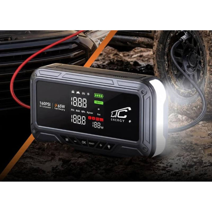LTC Jump Starter, 12.000 mAh, s kompresorom, baterijskom lampom i power bankom, LCD zaslon, izlazna snaga 65 W, kablovi i torbica za nošenje uključeni, LXJS120