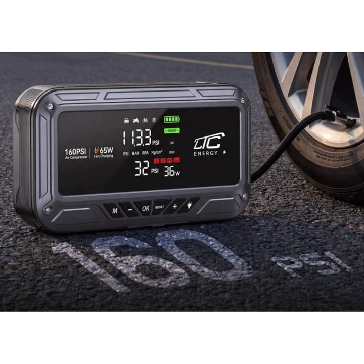 LTC Jump Starter, 12.000 mAh, s kompresorom, baterijskom lampom i power bankom, LCD zaslon, izlazna snaga 65 W, kablovi i torbica za nošenje uključeni, LXJS120