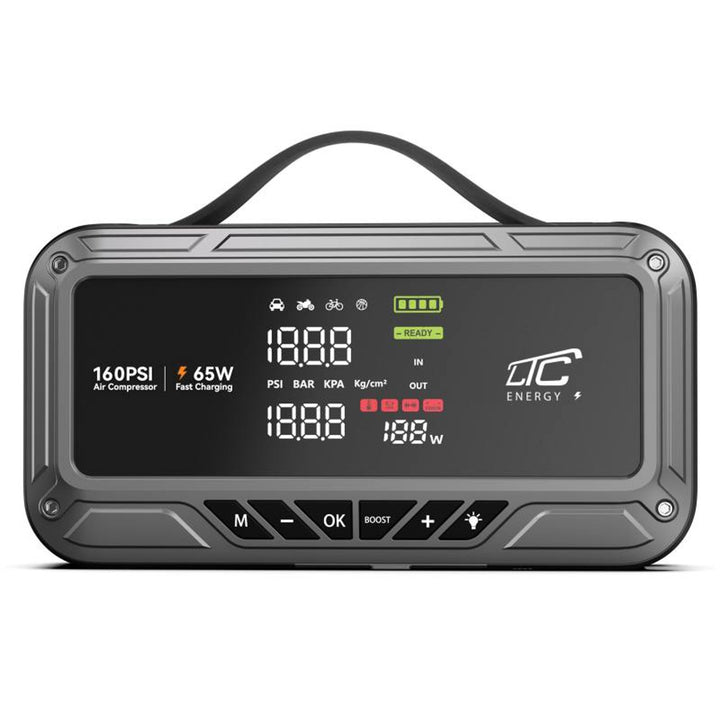 LTC Jump Starter, 12.000 mAh, s kompresorom, baterijskom lampom i power bankom, LCD zaslon, izlazna snaga 65 W, kablovi i torbica za nošenje uključeni, LXJS120