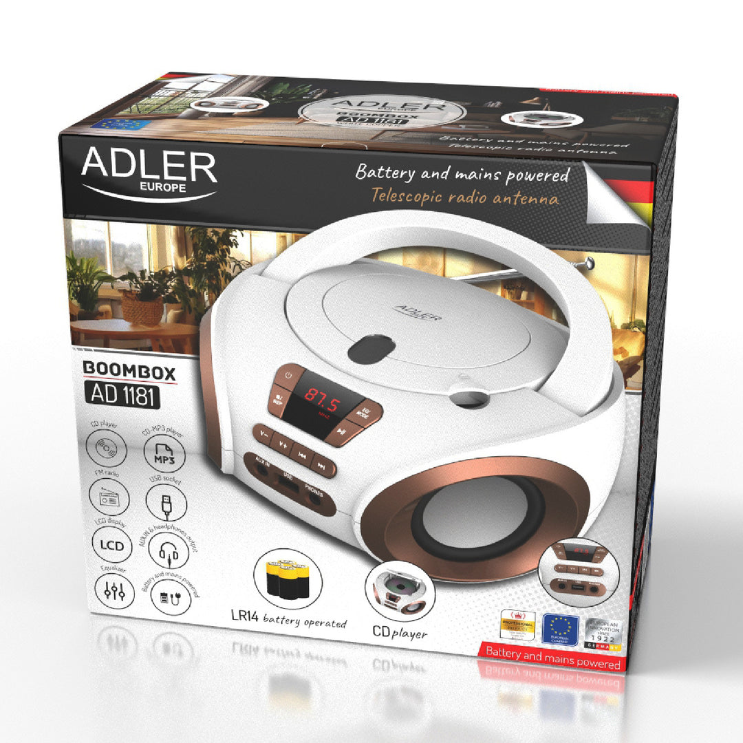 Boombox radio s CD/MP3, USB, FM radio, AUX, priključak za slušalice, Adler, AD 1181