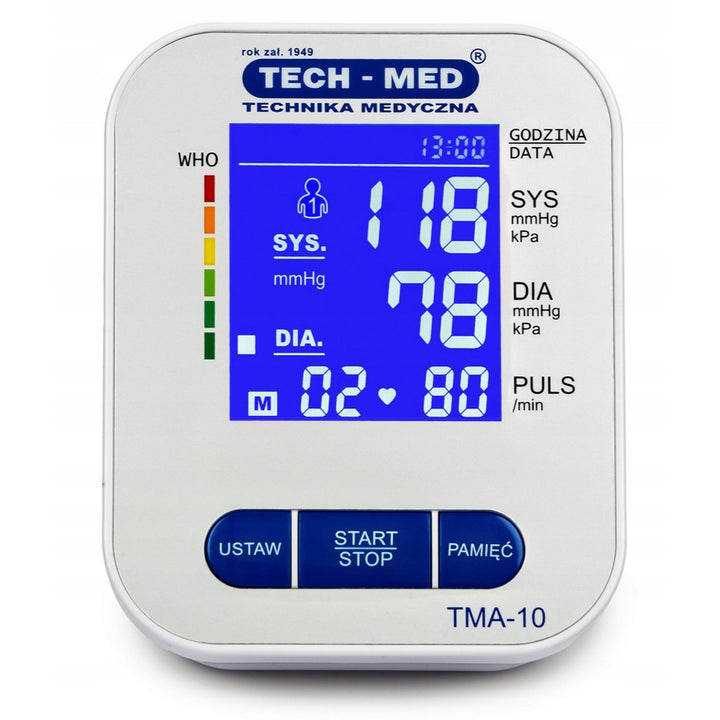 Elektronički monitor krvnog tlaka, zaslon s pozadinskim osvjetljenjem, manžeta za opseg ruke 22–32 cm, indikator aritmije, TMA-10, Tech-Med
