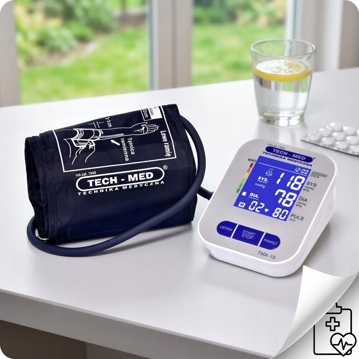 Elektronički monitor krvnog tlaka, zaslon s pozadinskim osvjetljenjem, manžeta za opseg ruke 22–32 cm, indikator aritmije, TMA-10, Tech-Med