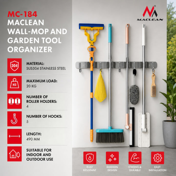 Maclean zidni organizator za vrtne alate i mopove, čelik, s kukama, maksimalno opterećenje 20 kg, širina 49 cm, MC-184, 2 komada