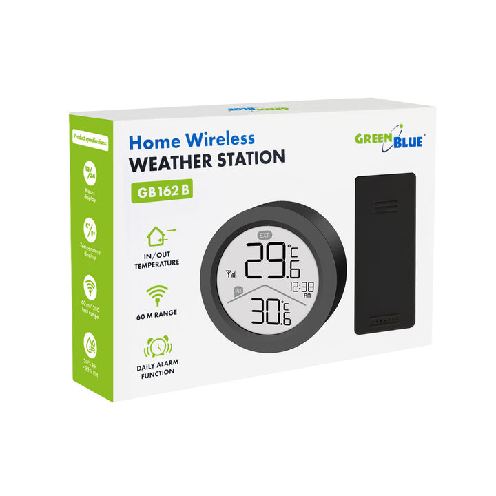 GreenBlue bežična vremenska stanica, unutarnja/vanjska temperatura, sat, izbor °C ili °F, domet do 60 m, crna, GB162 B + 4x Varta Industrial AAA alkalne baterije
