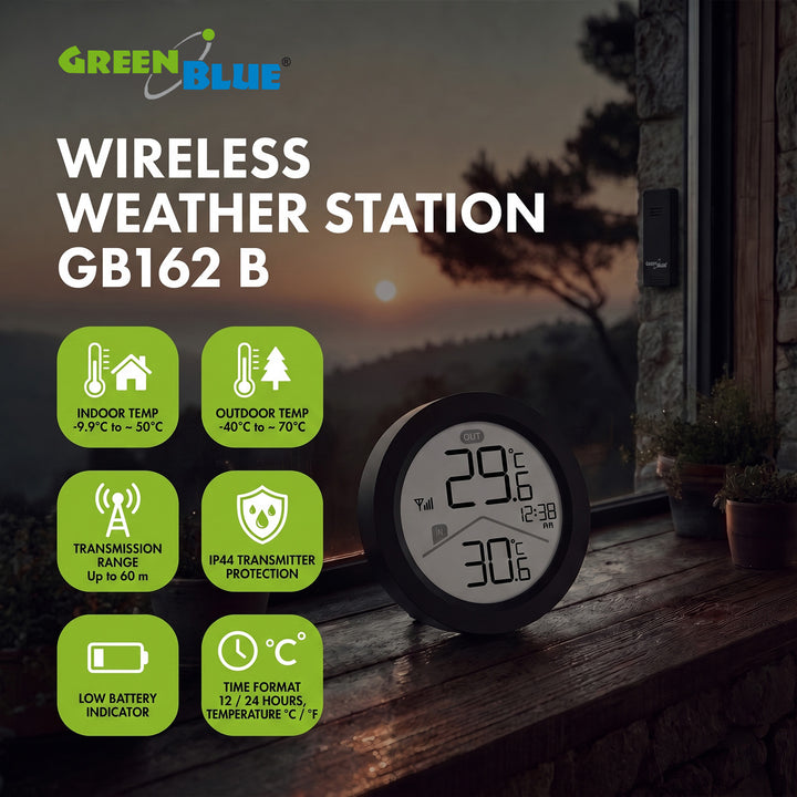 GreenBlue bežična vremenska stanica, unutarnja/vanjska temperatura, sat, izbor °C ili °F, domet do 60 m, crna, GB162 B + 4x Varta Industrial AAA alkalne baterije