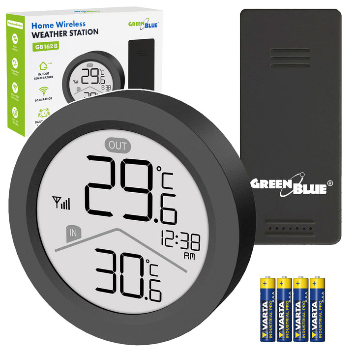 GreenBlue bežična vremenska stanica, unutarnja/vanjska temperatura, sat, izbor °C ili °F, domet do 60 m, crna, GB162 B + 4x Varta Industrial AAA alkalne baterije
