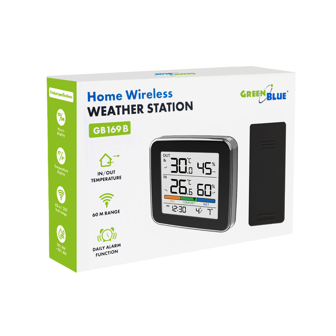 GreenBlue bežična vremenska stanica, unutarnja/vanjska temperatura i vlaga, sat, alarm i datum, °C / °F, do 60 m, crna, GB169 B + 4x Varta Industrial AAA alkalne baterije