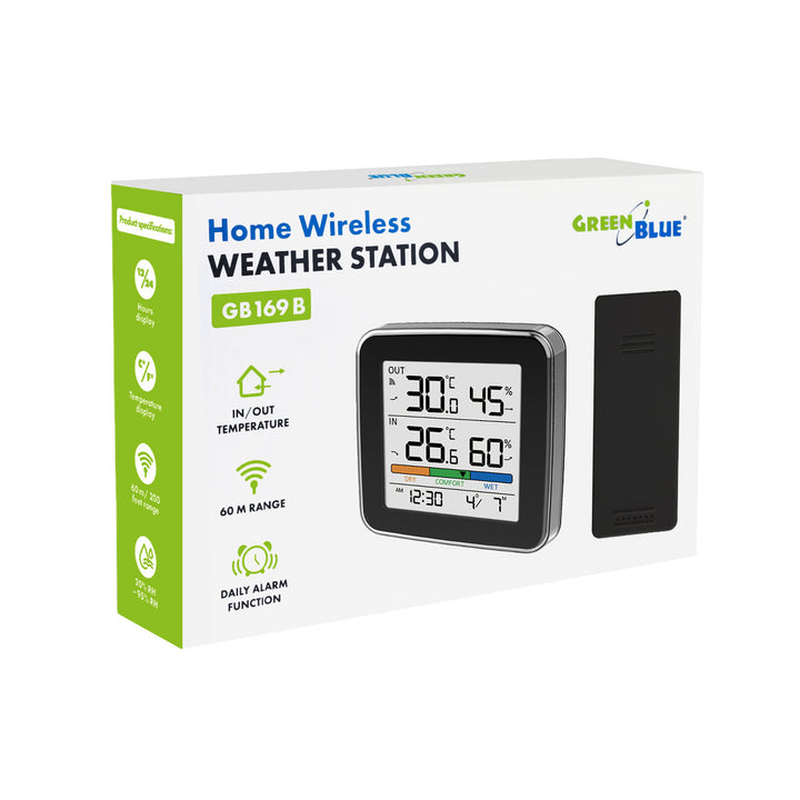 GreenBlue bežična vremenska stanica, unutarnja/vanjska temperatura i vlaga, sat, alarm i datum, °C / °F, do 60 m, crna, GB169 B + 4x Varta Industrial AAA alkalne baterije
