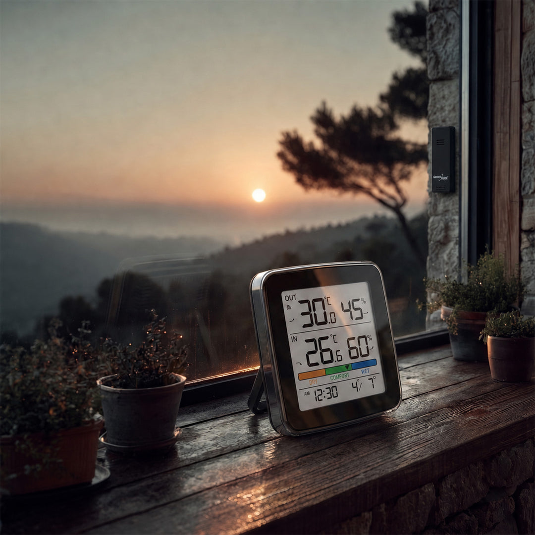 GreenBlue bežična vremenska stanica, unutarnja/vanjska temperatura i vlaga, sat, alarm i datum, °C / °F, do 60 m, crna, GB169 B + 4x Varta Industrial AAA alkalne baterije