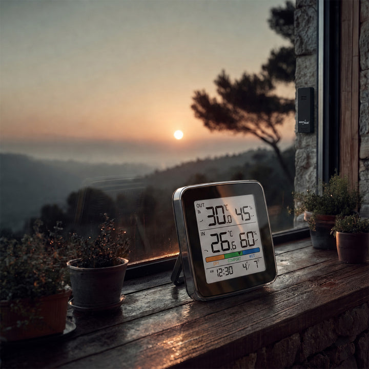 GreenBlue bežična vremenska stanica, unutarnja/vanjska temperatura i vlaga, sat, alarm i datum, °C / °F, do 60 m, crna, GB169 B + 4x Varta Industrial AAA alkalne baterije