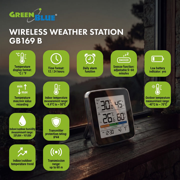 GreenBlue bežična vremenska stanica, unutarnja/vanjska temperatura i vlaga, sat, alarm i datum, °C / °F, do 60 m, crna, GB169 B + 4x Varta Industrial AAA alkalne baterije