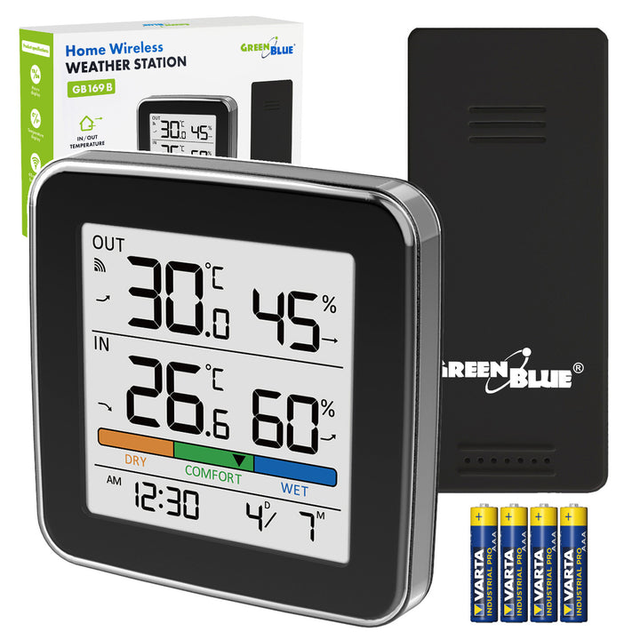 GreenBlue bežična vremenska stanica, unutarnja/vanjska temperatura i vlaga, sat, alarm i datum, °C / °F, do 60 m, crna, GB169 B + 4x Varta Industrial AAA alkalne baterije