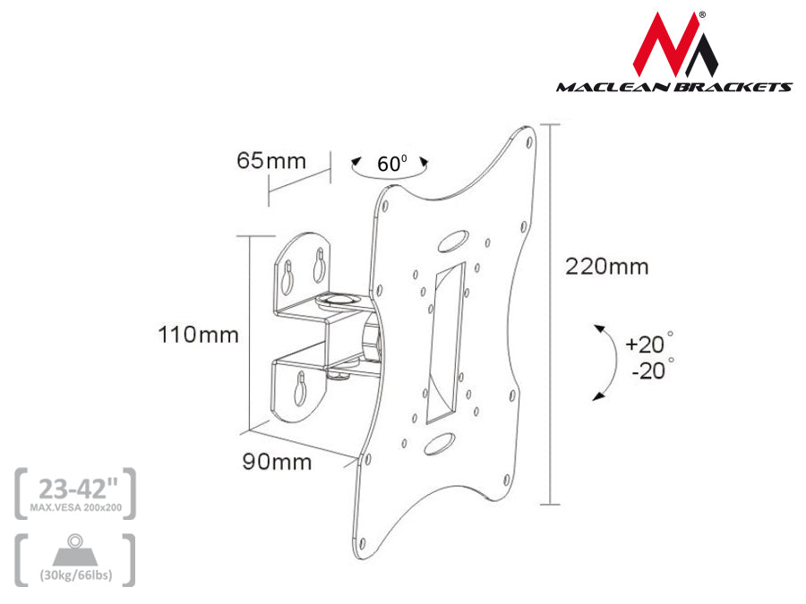 Maclean MC-501A B nosač za TV ili monitor, univerzalni, max. VESA 200x200, 23-50", 30 kg, crni