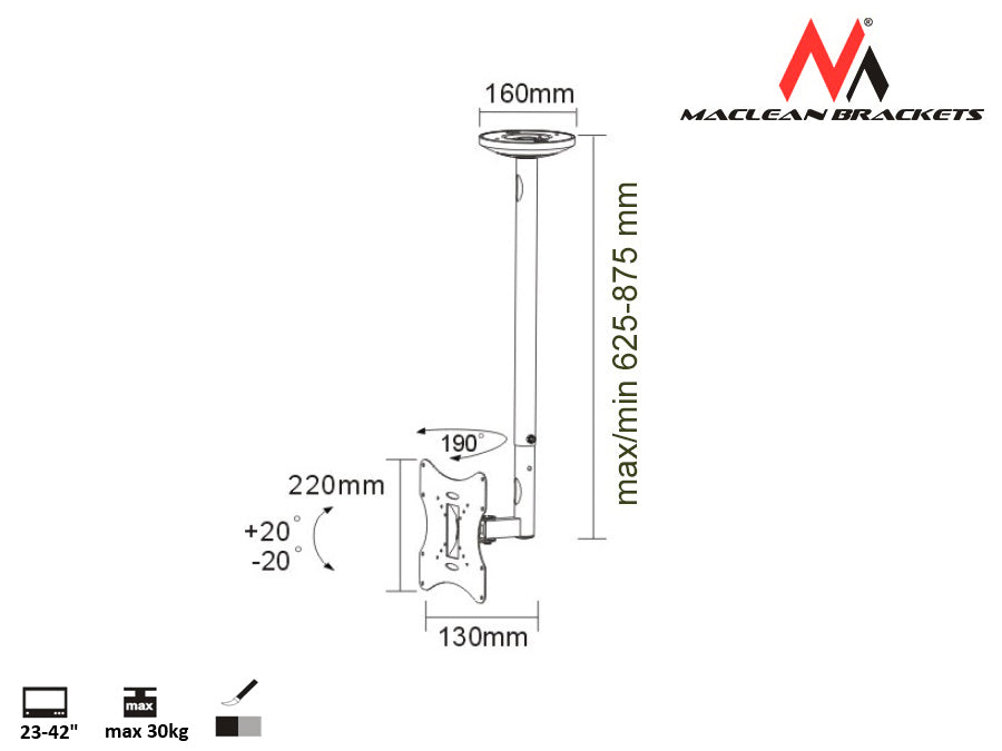 Maclean stropni držač za TV, 23-42", 30 kg, srebrni, MC-504A S