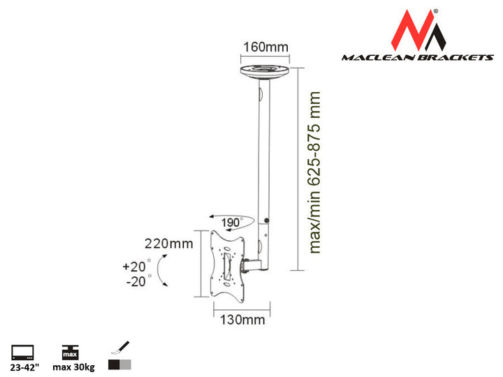 Maclean stropni držač za TV, 23-42", 30 kg, srebrni, MC-504A S