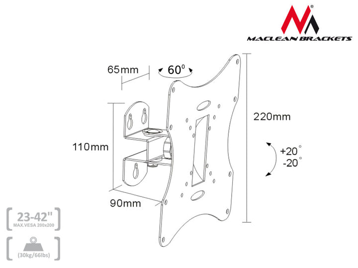 Maclean nosač za TV ili monitor, univerzalni, max. VESA 200x200, 23-50", 30 kg, srebrni, MC-501A S