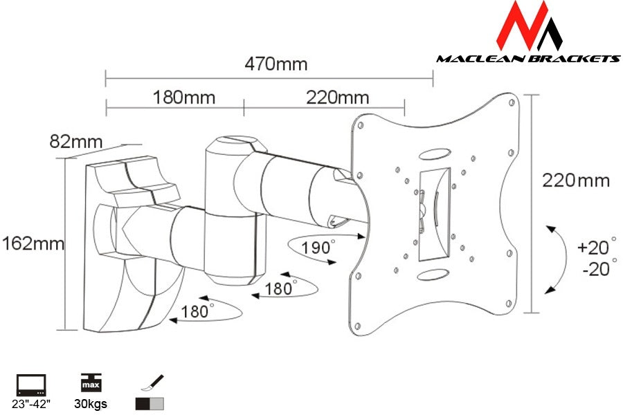 Maclean držač za TV ili monitor, univerzalni, max. VESA 200x200, 23-50", 30 kg, srebrni, MC-503A S