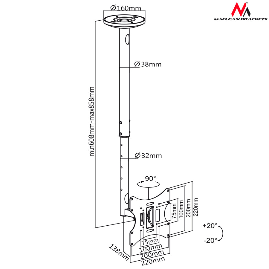 Stropni nosač za TV od 23-42" (50-85 cm) do 30 kg Maclean MC-504A B crni