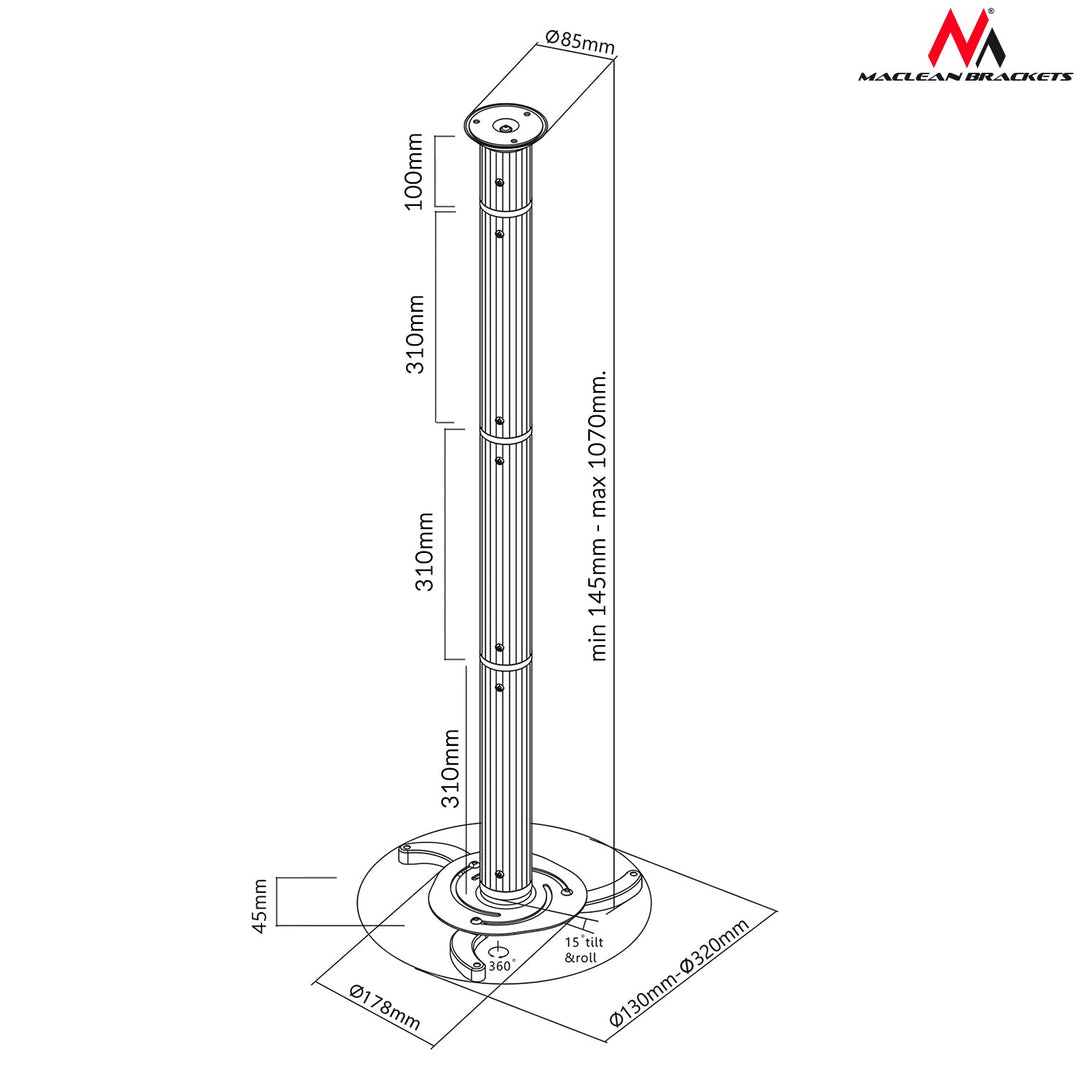 Srebrni stropni nosač za projektore od 80 mm do 980 mm Maclean MC-517