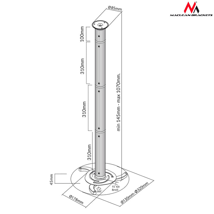 Srebrni stropni nosač za projektore od 80 mm do 980 mm Maclean MC-517