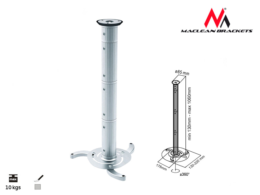 Srebrni stropni nosač za projektore od 80 mm do 980 mm Maclean MC-517