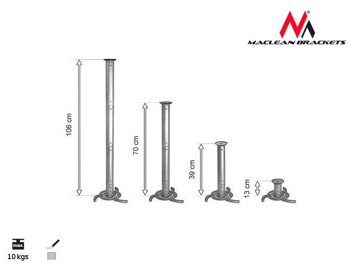 Srebrni stropni nosač za projektore od 80 mm do 980 mm Maclean MC-517