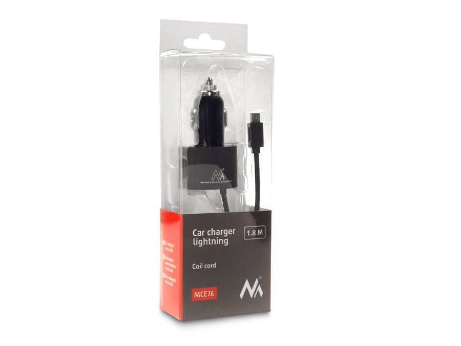 Maclean punjač za automobil, Lightning spiralni, 2xUSB, 5,2 A, 1,8 m, MCE76