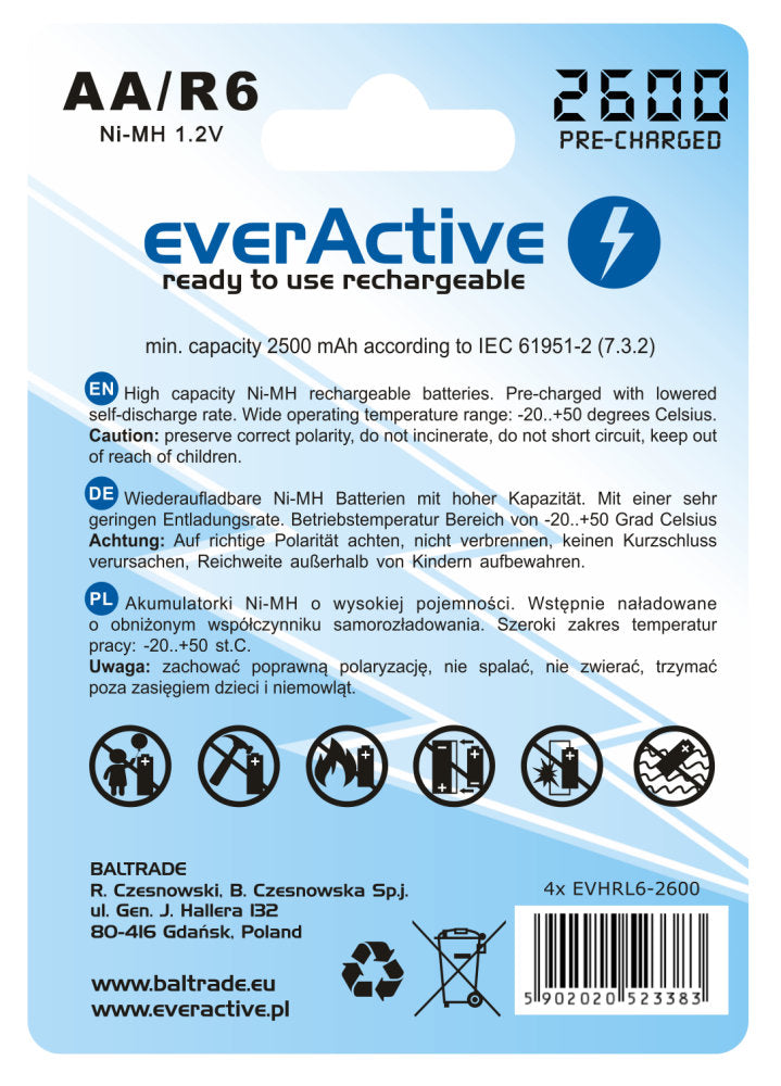 4x everActive R6/AA Ni-MH 2600 mAh punjive baterije, spremne za upotrebu