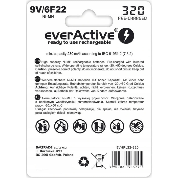 everActive 6F22/9V Ni-MH 320 mAh punjiva baterija, spremna za upotrebu