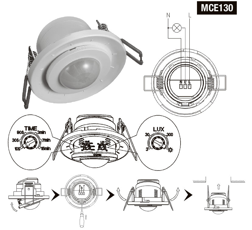 Maclean PIR senzor pokreta, infracrveni, ugradbeni, domet 6 m, 800 W/400 W, MCE130