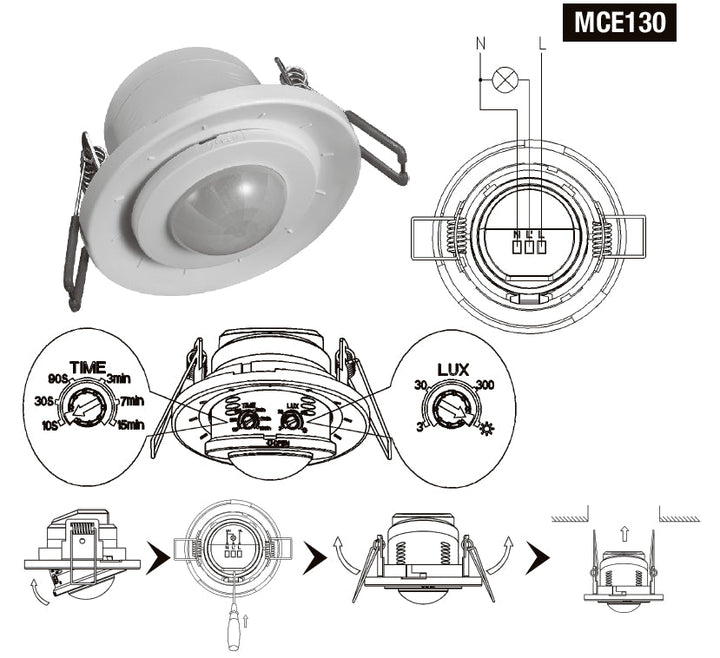 Maclean PIR senzor pokreta, infracrveni, ugradbeni, domet 6 m, 800 W/400 W, MCE130