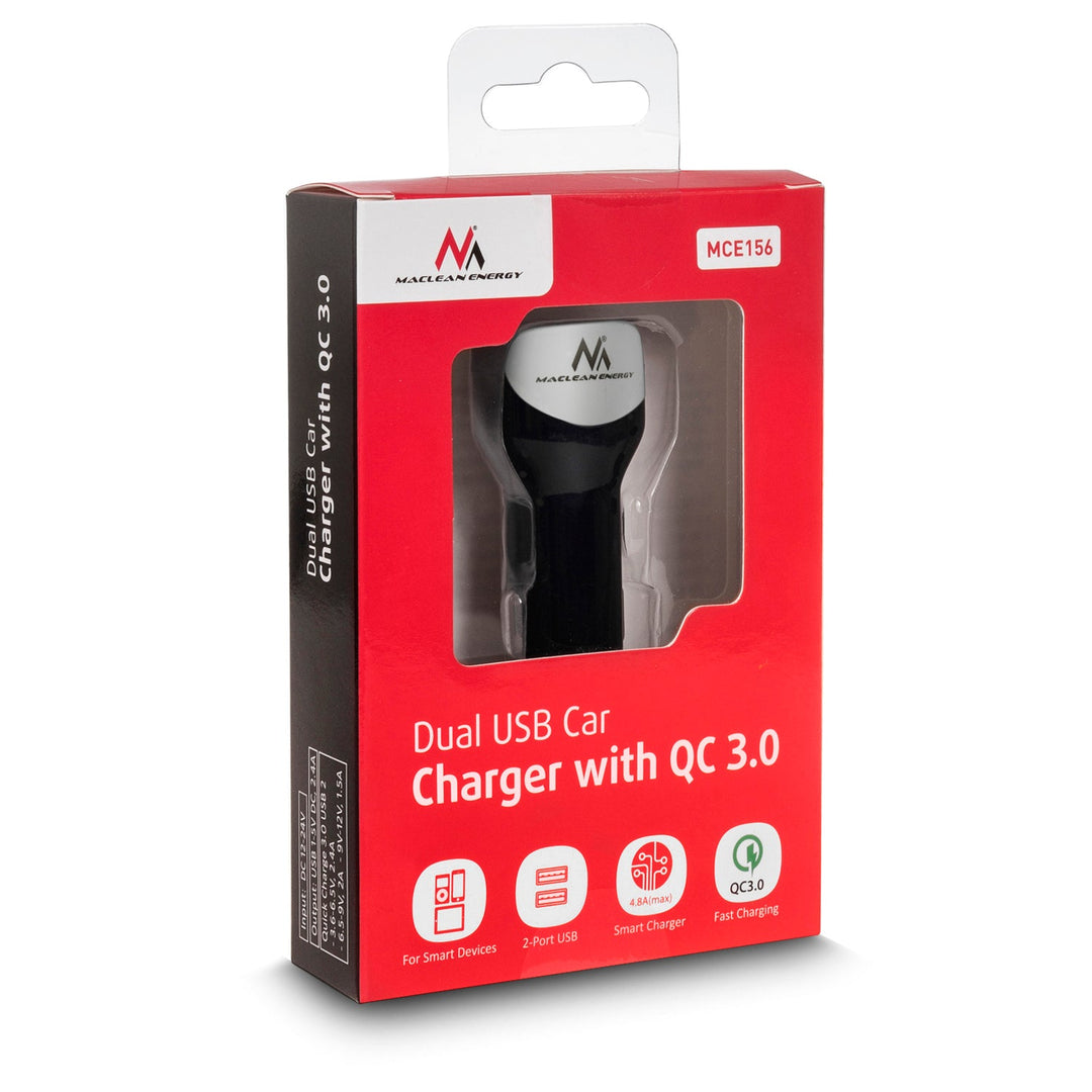 Punjač za automobil, max. 4,8 A, 2x USB, Maclean Energy MCE157, Qualcomm Quick Charge QC 3.0, plus kabel od 1,5 m, srebrena