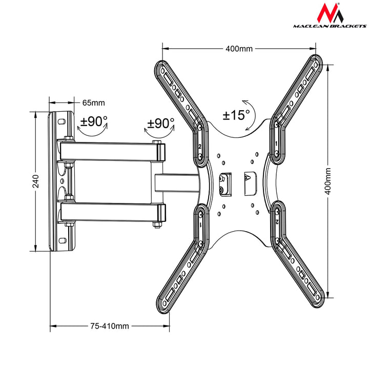 Maclean nosač za TV ili monitor, univerzalni, max. VESA 400x400, 13-60", 30 kg, crni, MC-759