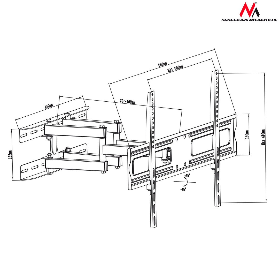 Maclean držač za TV ili monitor, univerzalni, max. VESA 600x400, 37-80", 30 kg, crni, MC-762