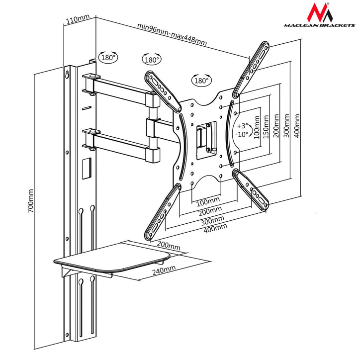 Maclean TV nosač s DVD policom, VESA 400x400, 32"-55", 30 kg, MC-772