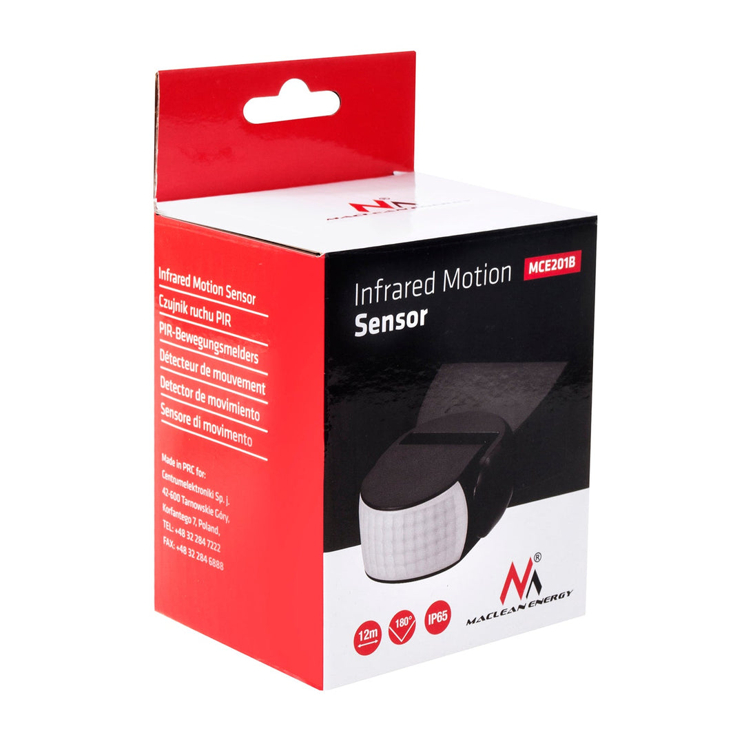 Moderni infracrveni senzor pokreta Maclean Energy MCE201B, domet 12 m, crni, IP65