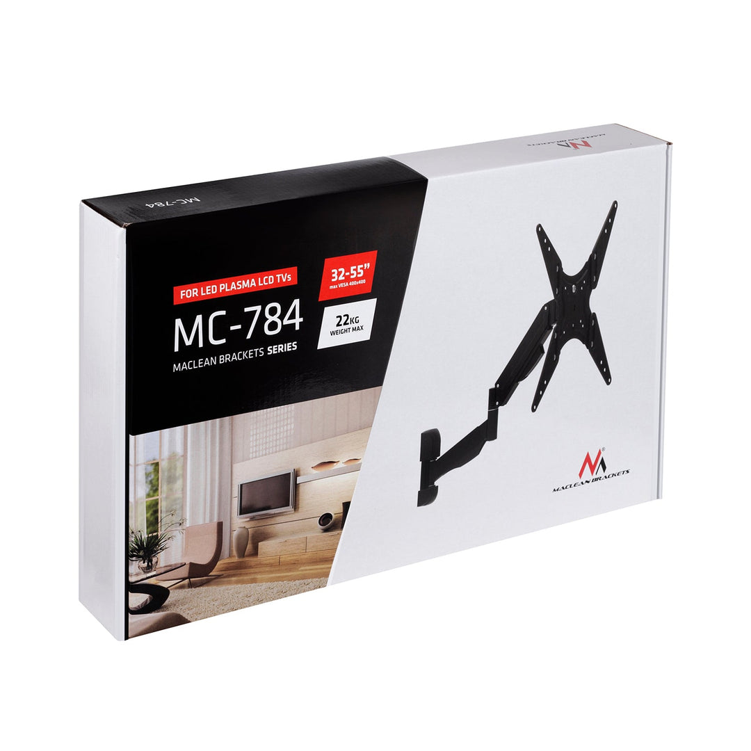 Maclean TV nosač za televizor ili monitor, plinski opružni mehanizam, 2 kraka, podešavanje visine 25 cm, 32"-55", 22 kg, crna, MC-784