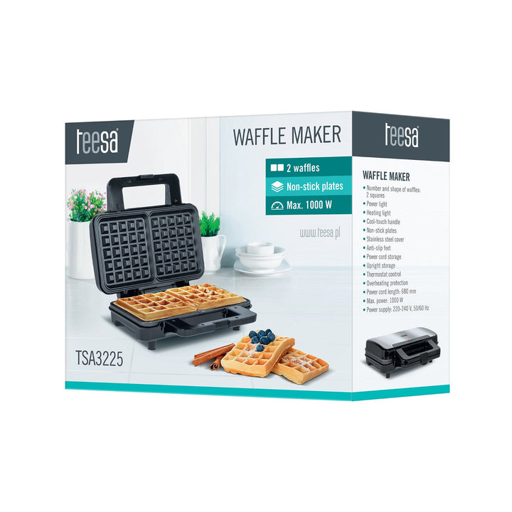 Teesa TSA3225 1000W Double Waffle Maker 1000W Teflon Coating Non Stick 2 Waffles Capac din oțel inoxidabil