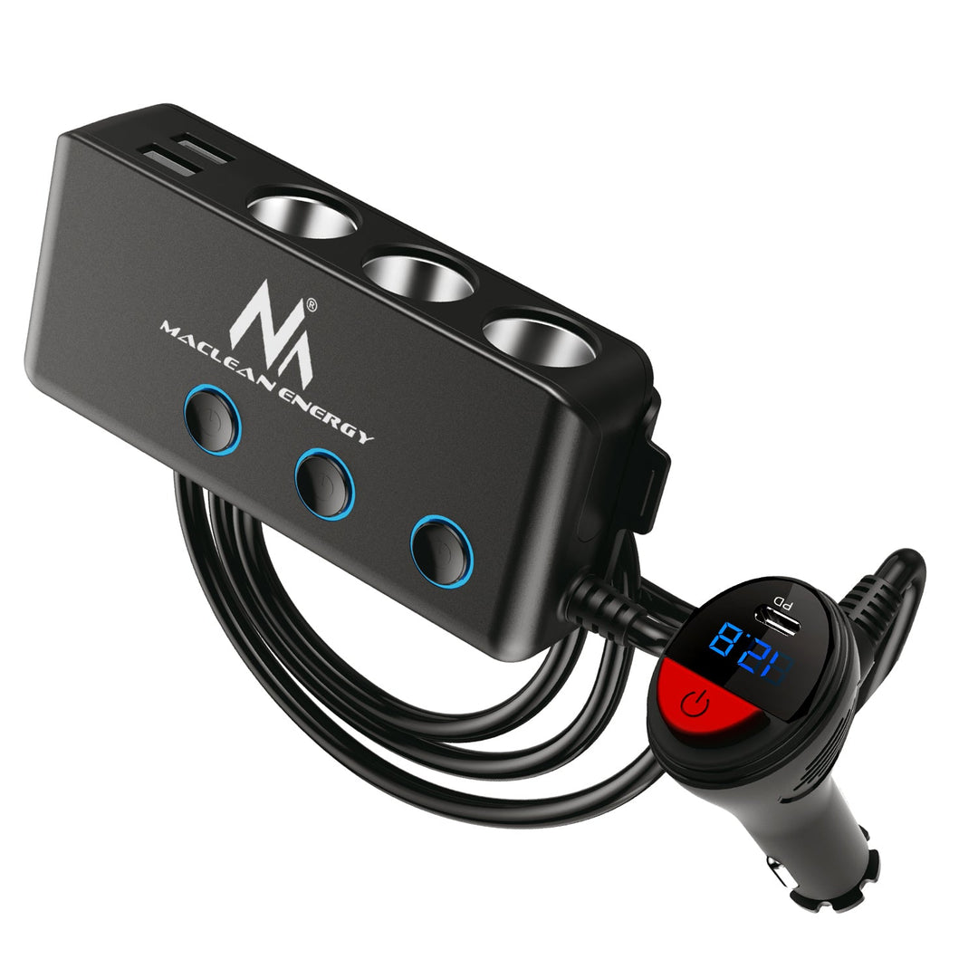 Rasplitnik utičnica za upaljač u automobilu, voltmetar, 3 utičnice za upaljač, 1x Quick Charge 3.0, 3x USB 6,8 A, 1x Power Delivery 18 W, Maclean MCE218, Max 120 W