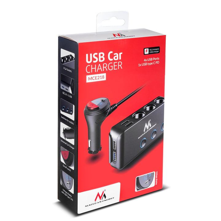 Rasplitnik utičnica za upaljač u automobilu, voltmetar, 3 utičnice za upaljač, 1x Quick Charge 3.0, 3x USB 6,8 A, 1x Power Delivery 18 W, Maclean MCE218, Max 120 W