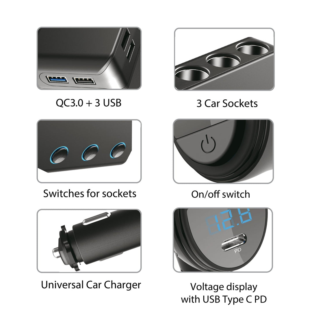 Rasplitnik utičnica za upaljač u automobilu, voltmetar, 3 utičnice za upaljač, 1x Quick Charge 3.0, 3x USB 6,8 A, 1x Power Delivery 18 W, Maclean MCE218, Max 120 W