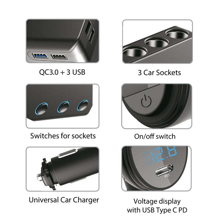 Rasplitnik utičnica za upaljač u automobilu, voltmetar, 3 utičnice za upaljač, 1x Quick Charge 3.0, 3x USB 6,8 A, 1x Power Delivery 18 W, Maclean MCE218, Max 120 W