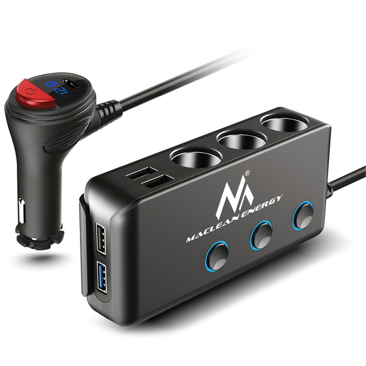 Rasplitnik utičnica za upaljač u automobilu, voltmetar, 3 utičnice za upaljač, 1x Quick Charge 3.0, 3x USB 6,8 A, 1x Power Delivery 18 W, Maclean MCE218, Max 120 W