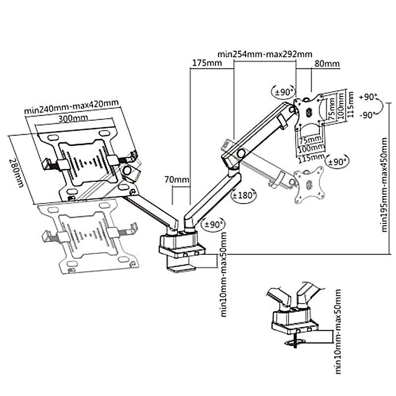 Maclean nosač, dvostruki stolni nosač, za monitor i prijenosno računalo, VESA 75×75, 100×100, 17″–32″, 2×8 kg, MC-813