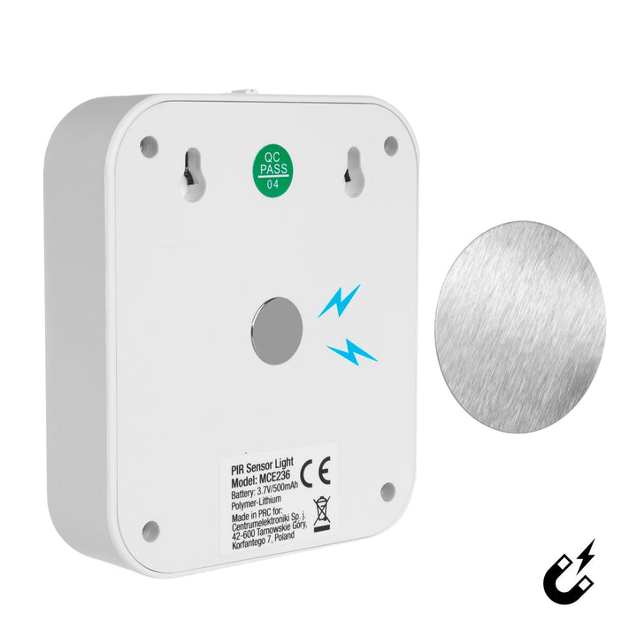 Maclean MCE236 LED lampa za stubište s senzorom pokreta, magnetom i kukom, temperatura boje 4000K, domet 3–4 m, baterija 3,7 V/500 mAh, 4 LED SMD2835