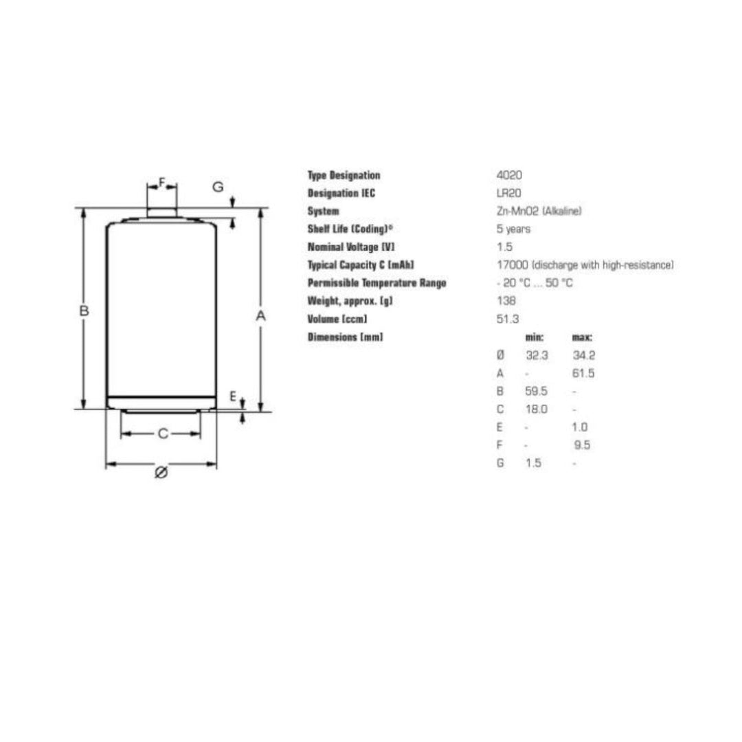 20x Varta Industrial R20/D alkalne baterije Folija